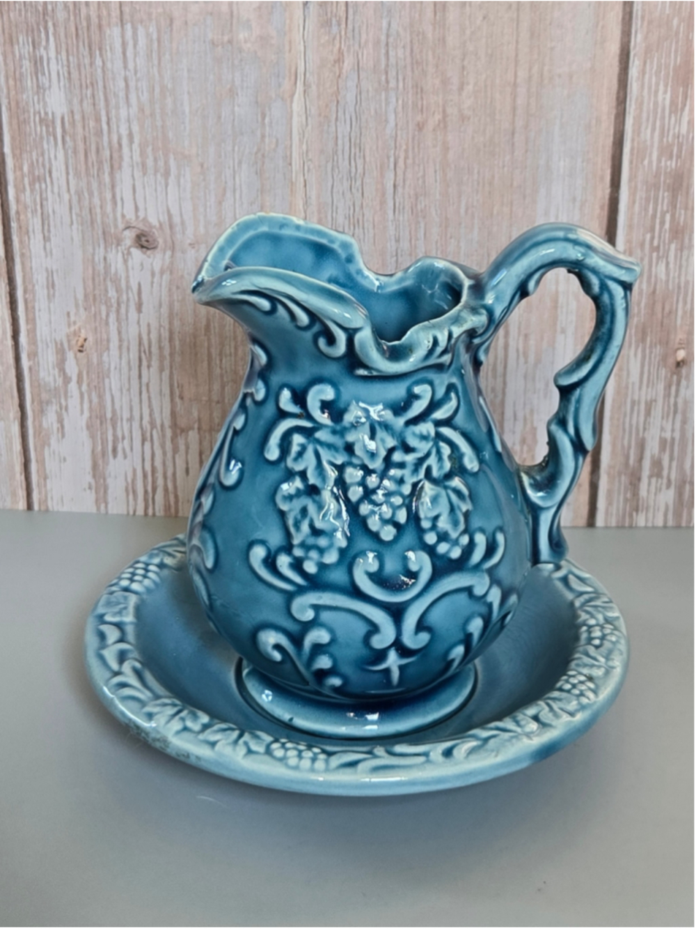Vintage Norleans Japan Blue Grape Pitcher & Basin Mini Wash Set Ceramic